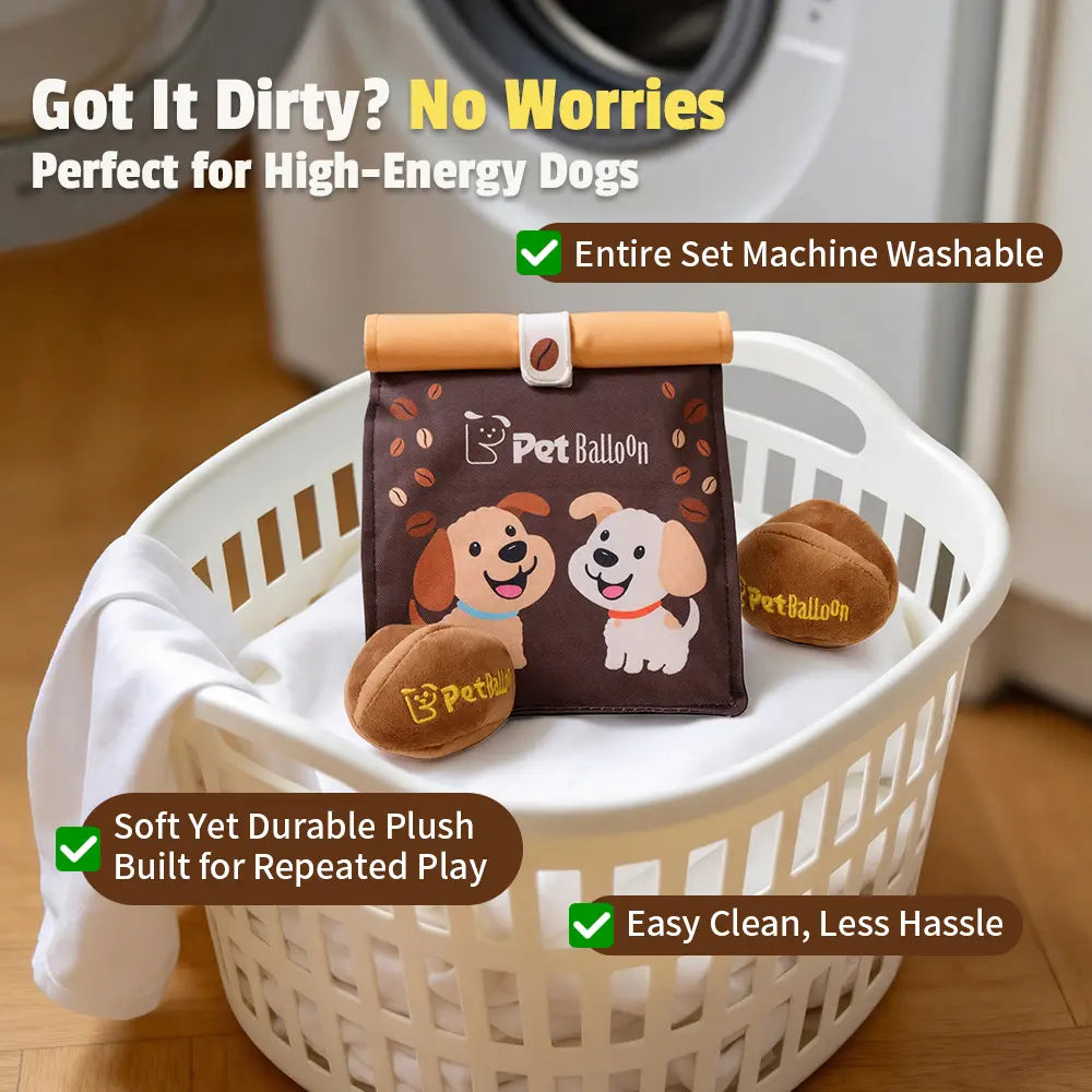 Durable Plush Pet Squeak Toys - Tri-Color Coffee Bean Design with Crinkle Treat Bag for Small and Medium Breeds, Snuffle Treat-Hiding Toys