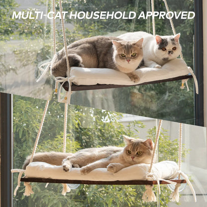 Solid Wood Cat Window Perch with Removable Machine Washable Cushion and Strong Suction Cups for Cats and Small Dogs
