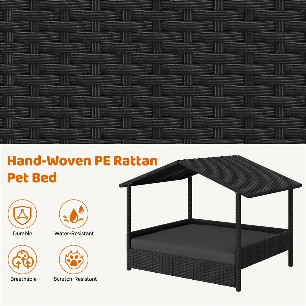 Costoffs Outdoor Elevated Rattan Dog Bed with Canopy and Padded Cushion - Durable Raised Pet House for Backyard, Poolside, and Lawn Use