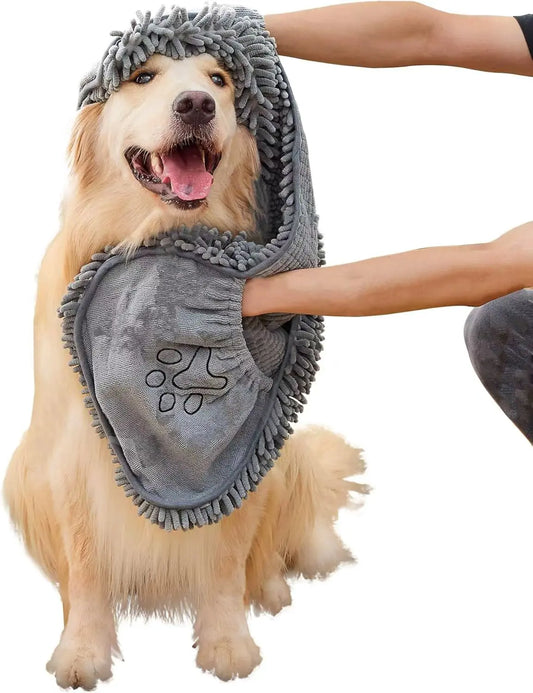 Microfiber Quick-Drying Absorbent Dog Towel with Hand Pockets - Machine Washable for Medium to Large Dogs (30 x 13 inches)
