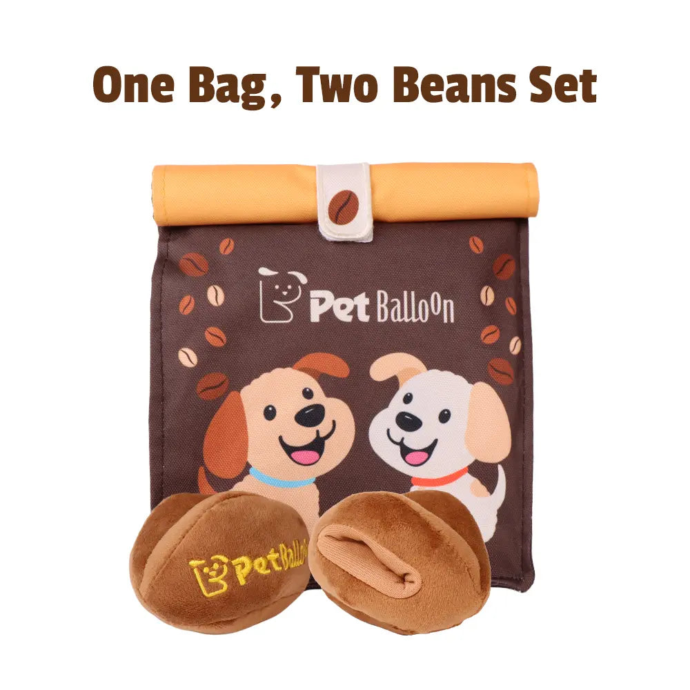 Durable Plush Pet Squeak Toys - Tri-Color Coffee Bean Design with Crinkle Treat Bag for Small and Medium Breeds, Snuffle Treat-Hiding Toys