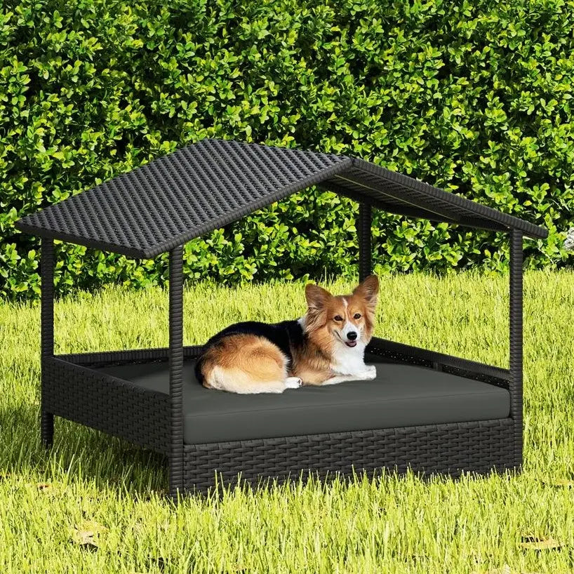 Costoffs Outdoor Elevated Rattan Dog Bed with Canopy and Padded Cushion - Durable Raised Pet House for Backyard, Poolside, and Lawn Use