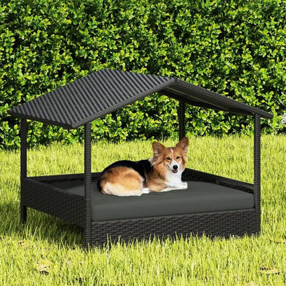 Costoffs Outdoor Elevated Rattan Dog Bed with Canopy and Padded Cushion - Durable Raised Pet House for Backyard, Poolside, and Lawn Use