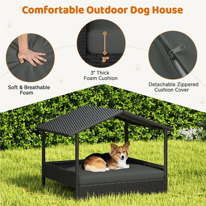 Costoffs Outdoor Elevated Rattan Dog Bed with Canopy and Padded Cushion - Durable Raised Pet House for Backyard, Poolside, and Lawn Use