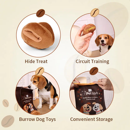 Durable Plush Pet Squeak Toys - Tri-Color Coffee Bean Design with Crinkle Treat Bag for Small and Medium Breeds, Snuffle Treat-Hiding Toys