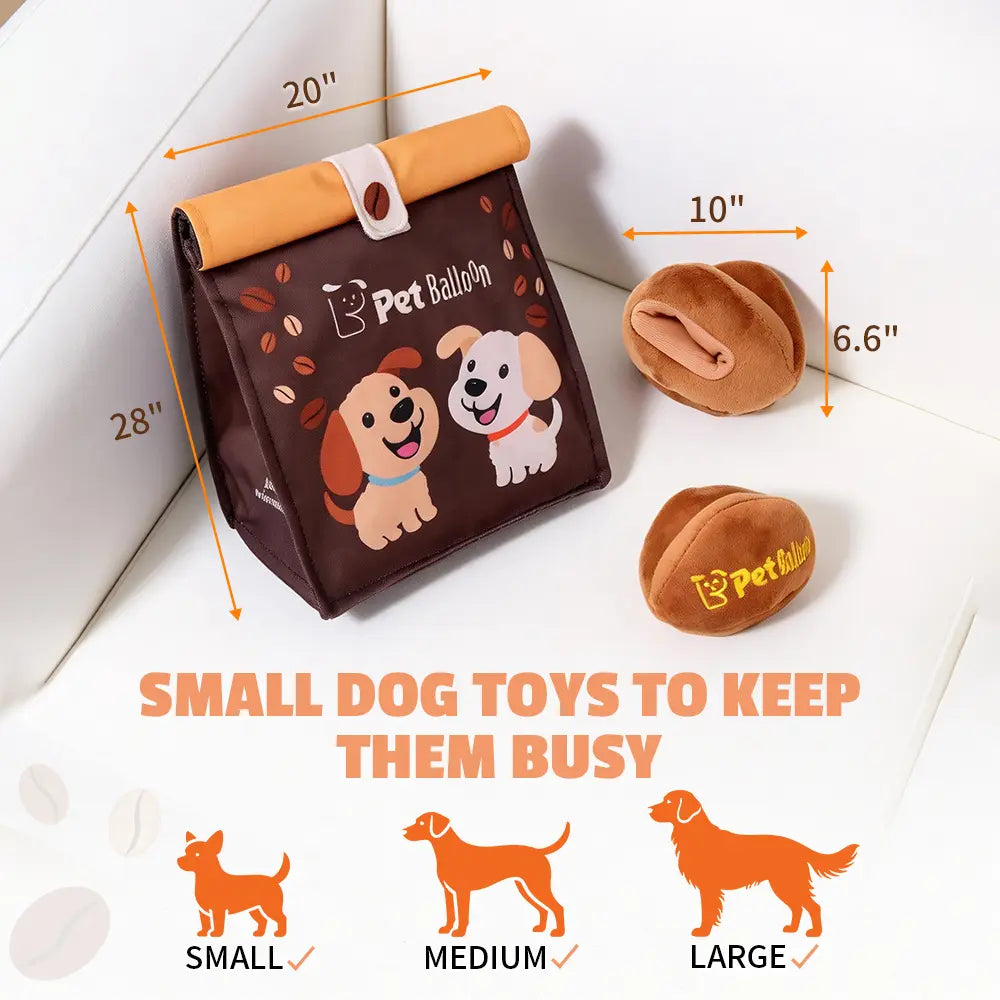 Durable Plush Pet Squeak Toys - Tri-Color Coffee Bean Design with Crinkle Treat Bag for Small and Medium Breeds, Snuffle Treat-Hiding Toys