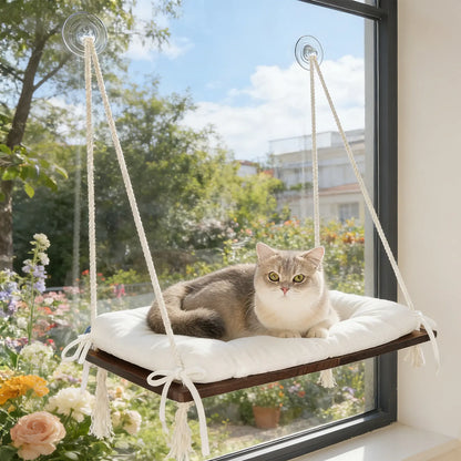 Solid Wood Cat Window Perch with Removable Machine Washable Cushion and Strong Suction Cups for Cats and Small Dogs