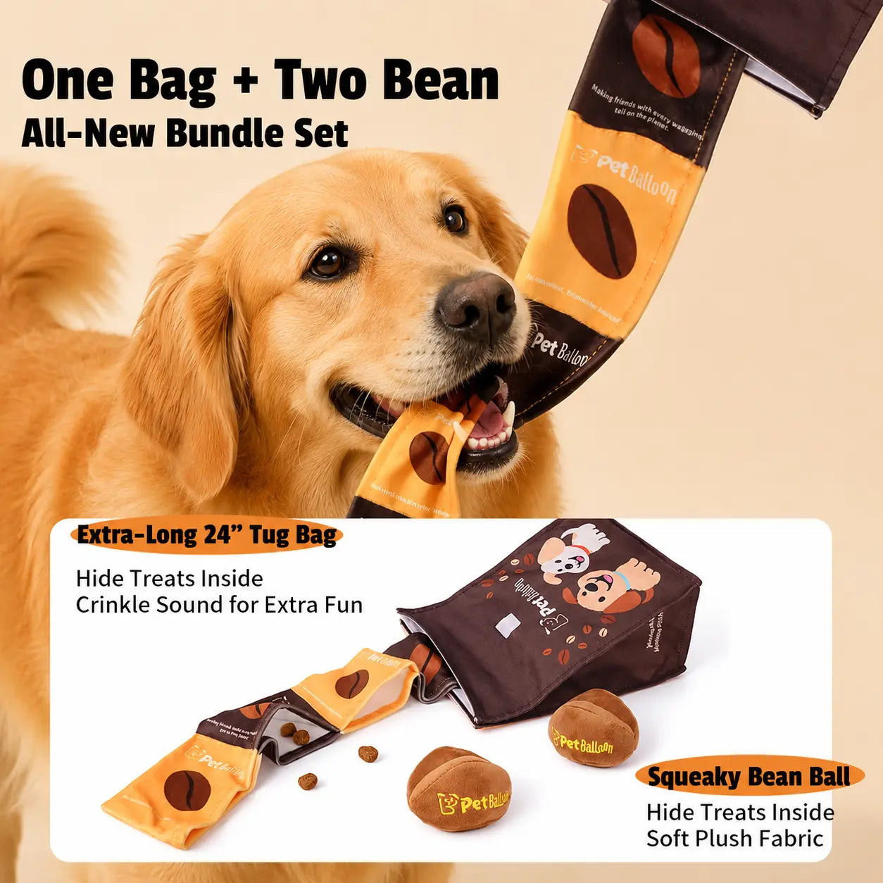Durable Plush Pet Squeak Toys - Tri-Color Coffee Bean Design with Crinkle Treat Bag for Small and Medium Breeds, Snuffle Treat-Hiding Toys