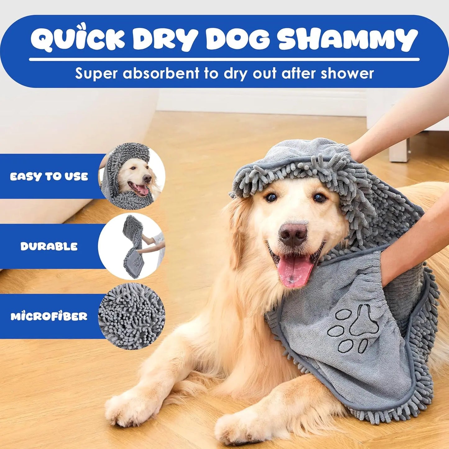 Microfiber Quick-Drying Absorbent Dog Towel with Hand Pockets - Machine Washable for Medium to Large Dogs (30 x 13 inches)