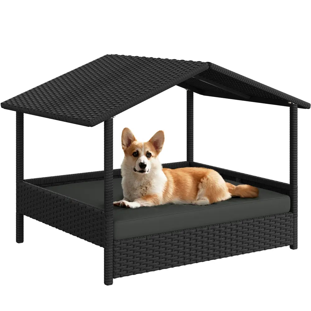 Costoffs Outdoor Elevated Rattan Dog Bed with Canopy and Padded Cushion - Durable Raised Pet House for Backyard, Poolside, and Lawn Use