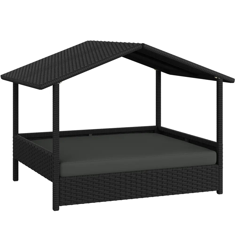 Costoffs Outdoor Elevated Rattan Dog Bed with Canopy and Padded Cushion - Durable Raised Pet House for Backyard, Poolside, and Lawn Use