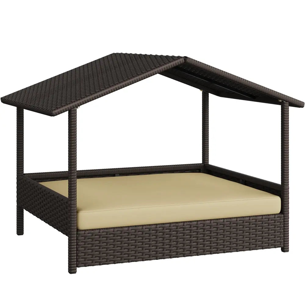 Costoffs Outdoor Elevated Rattan Dog Bed with Canopy and Padded Cushion - Durable Raised Pet House for Backyard, Poolside, and Lawn Use