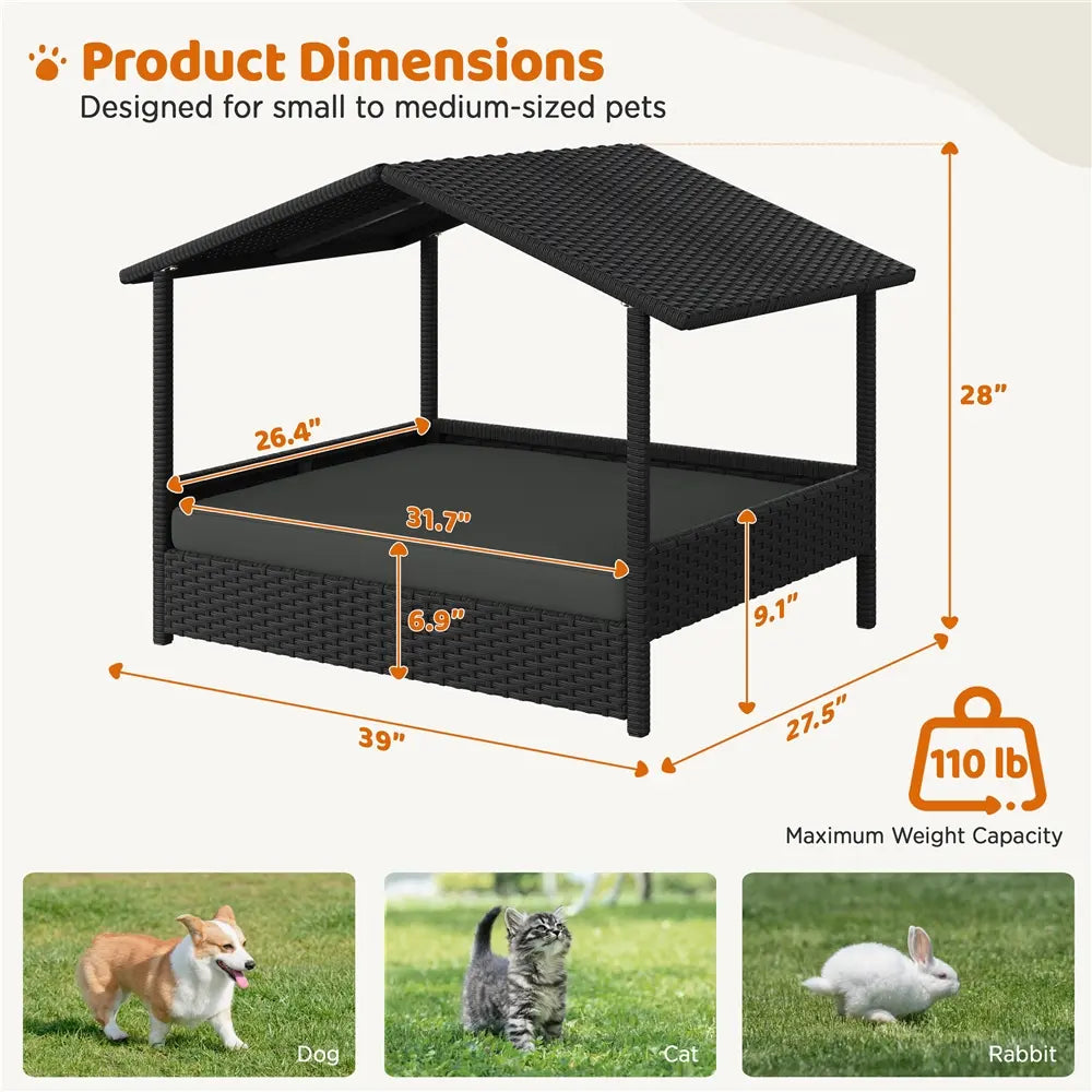 Costoffs Outdoor Elevated Rattan Dog Bed with Canopy and Padded Cushion - Durable Raised Pet House for Backyard, Poolside, and Lawn Use