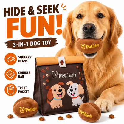 Durable Plush Pet Squeak Toys - Tri-Color Coffee Bean Design with Crinkle Treat Bag for Small and Medium Breeds, Snuffle Treat-Hiding Toys