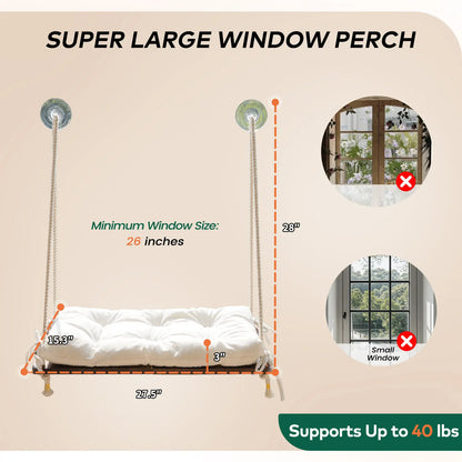 Solid Wood Cat Window Perch with Removable Machine Washable Cushion and Strong Suction Cups for Cats and Small Dogs