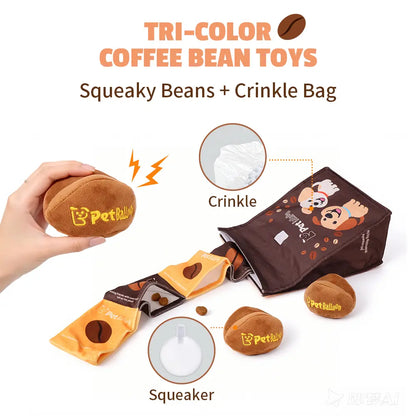 Durable Plush Pet Squeak Toys - Tri-Color Coffee Bean Design with Crinkle Treat Bag for Small and Medium Breeds, Snuffle Treat-Hiding Toys