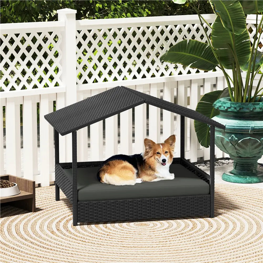 Costoffs Outdoor Elevated Rattan Dog Bed with Canopy and Padded Cushion - Durable Raised Pet House for Backyard, Poolside, and Lawn Use