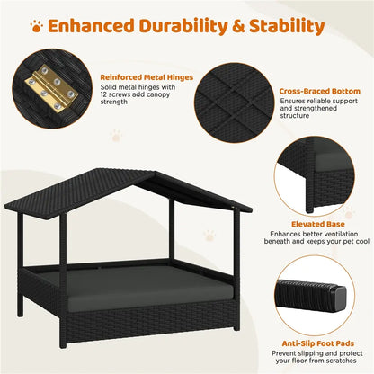 Costoffs Outdoor Elevated Rattan Dog Bed with Canopy and Padded Cushion - Durable Raised Pet House for Backyard, Poolside, and Lawn Use