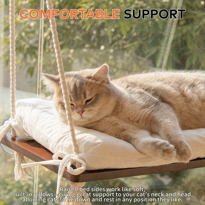 Solid Wood Cat Window Perch with Removable Machine Washable Cushion and Strong Suction Cups for Cats and Small Dogs
