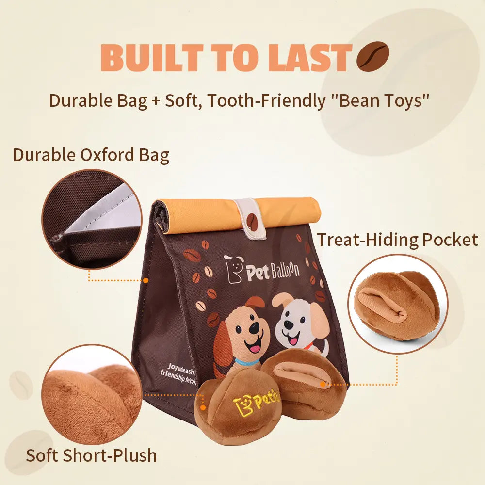 Durable Plush Pet Squeak Toys - Tri-Color Coffee Bean Design with Crinkle Treat Bag for Small and Medium Breeds, Snuffle Treat-Hiding Toys