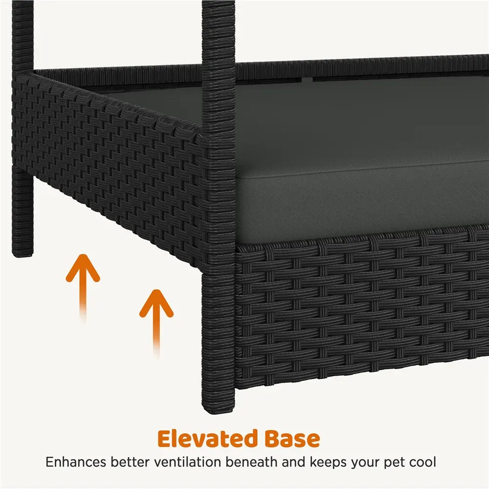 Costoffs Outdoor Elevated Rattan Dog Bed with Canopy and Padded Cushion - Durable Raised Pet House for Backyard, Poolside, and Lawn Use